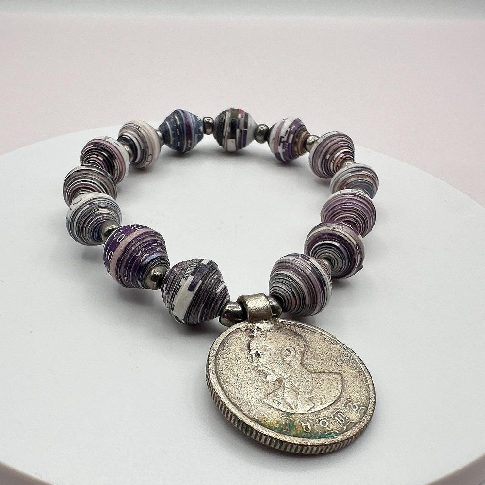 Vintage‎ 90s Rolled Recycled Paper Beaded Coin Ethiopia Haile Selassie Bracelet